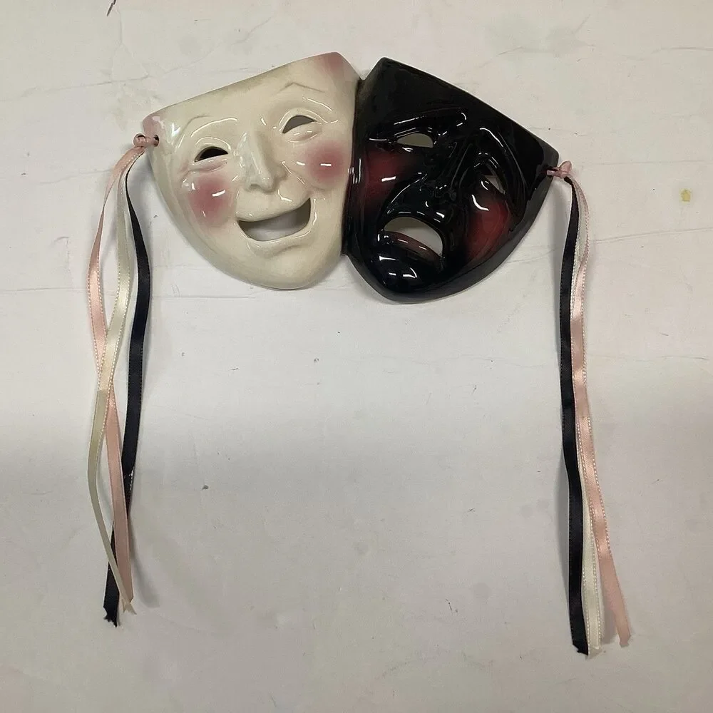vtg clay art mask classic comedy tragedy faces 1992 glossy hanging ribbons